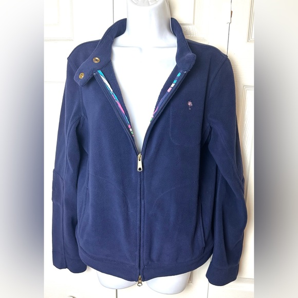 LILLY PULITZER Fleece Jacket Coat Navy Blue Pink Palm Tree Pockets Elbow Patch - Picture 4 of 16